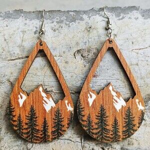 Faux Wood Teardrop Dangle Earrings Brown Mountain Pine Tree Cutout Boho Nature